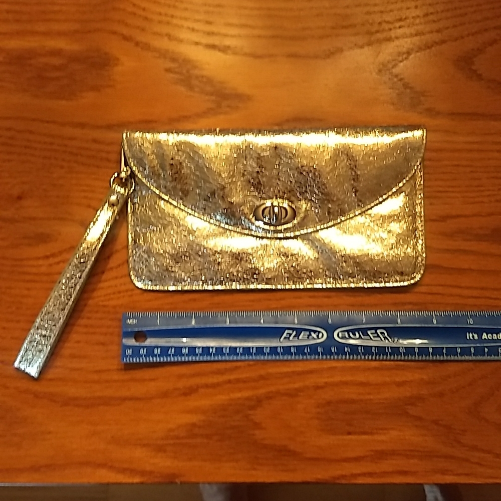 Sorial New York gold metallic faux leather wristlet